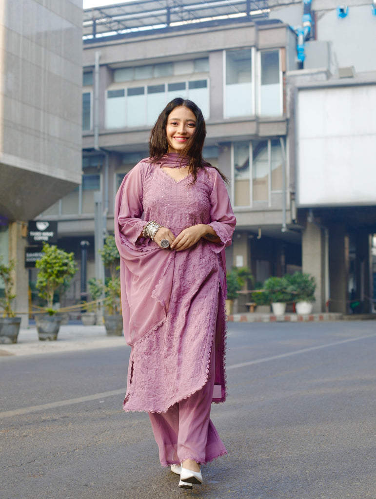 Peach Viscose Georgette Chikankari Kurta With Palazzo And Dupatta