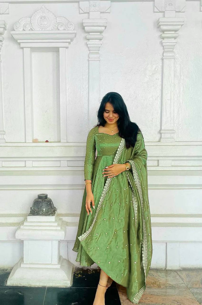 Parrot Green Fancy Twil Gold Net Sequence Embroidery Work Gown With Dupatta