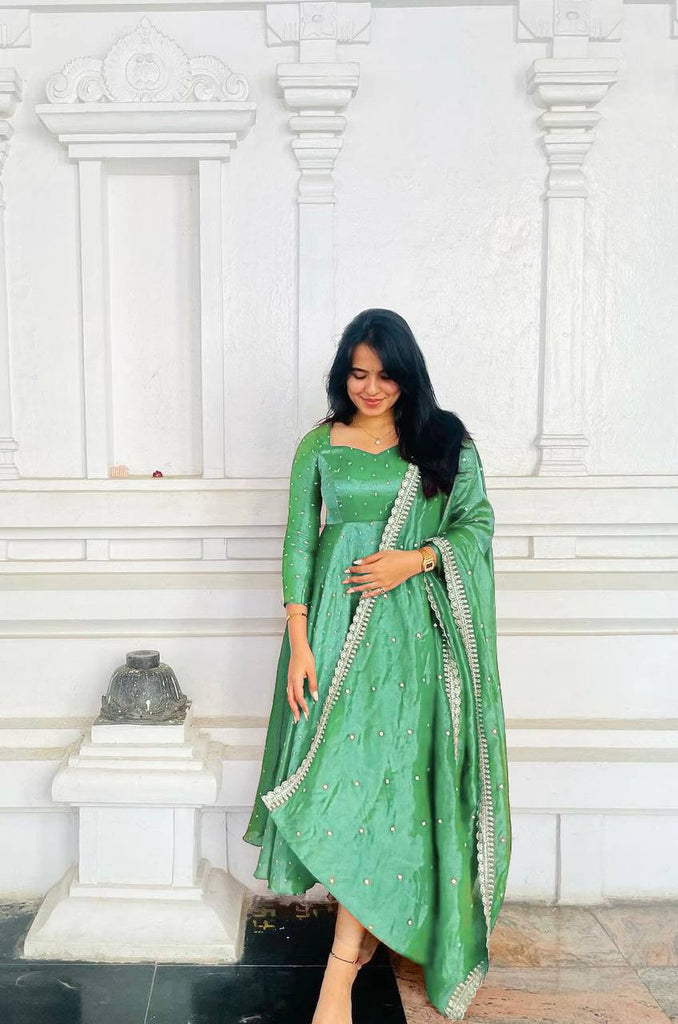 Pista Green Fancy Twil Gold Net Sequence Embroidery Work Gown With Dupatta