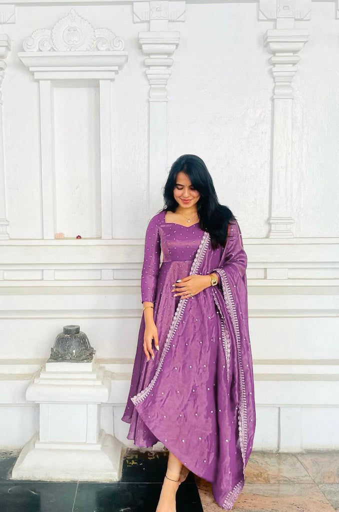 Purple Fancy Twil Gold Net Sequence Embroidery Work Gown With Dupatta