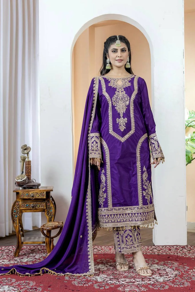 Purple Chinon Silk Embroidered Work Salwar Suit