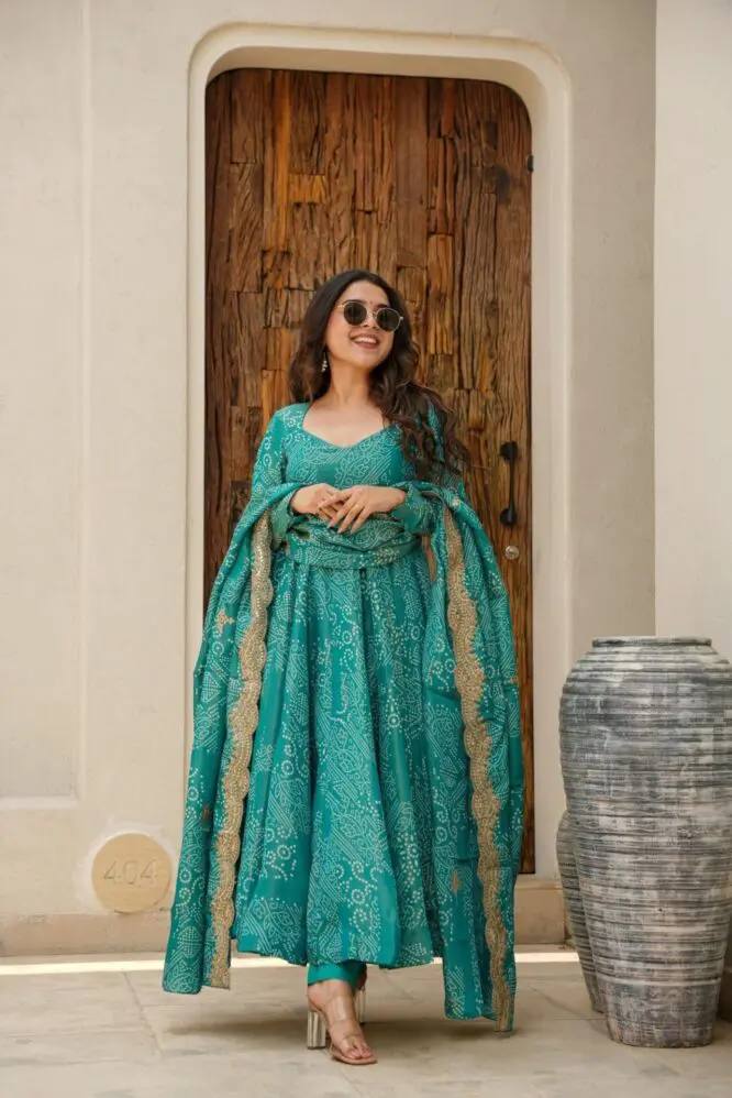 Rama Green Two Tone Banarasi Silk Digital Printed Gown