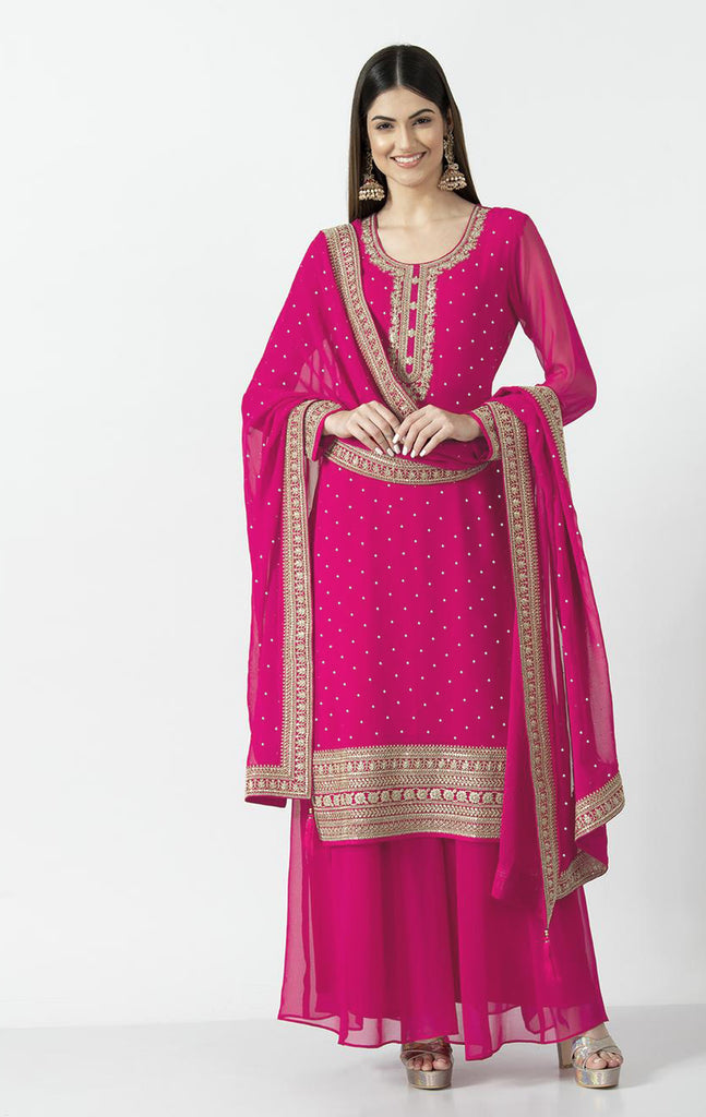 Rani Pink Faux Georgette Embroidered Top Bottom With Dupatta