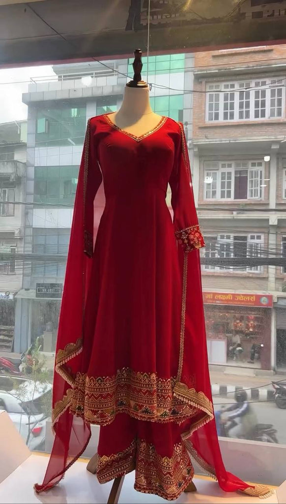 Red Faux Georgette Sequence Embroidery Work Gown