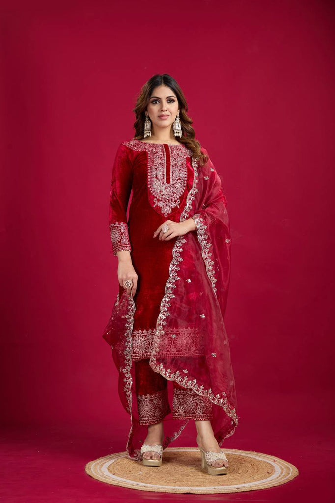 Red Viscose Velvet Sequence Embroidery Work Salwar Suit