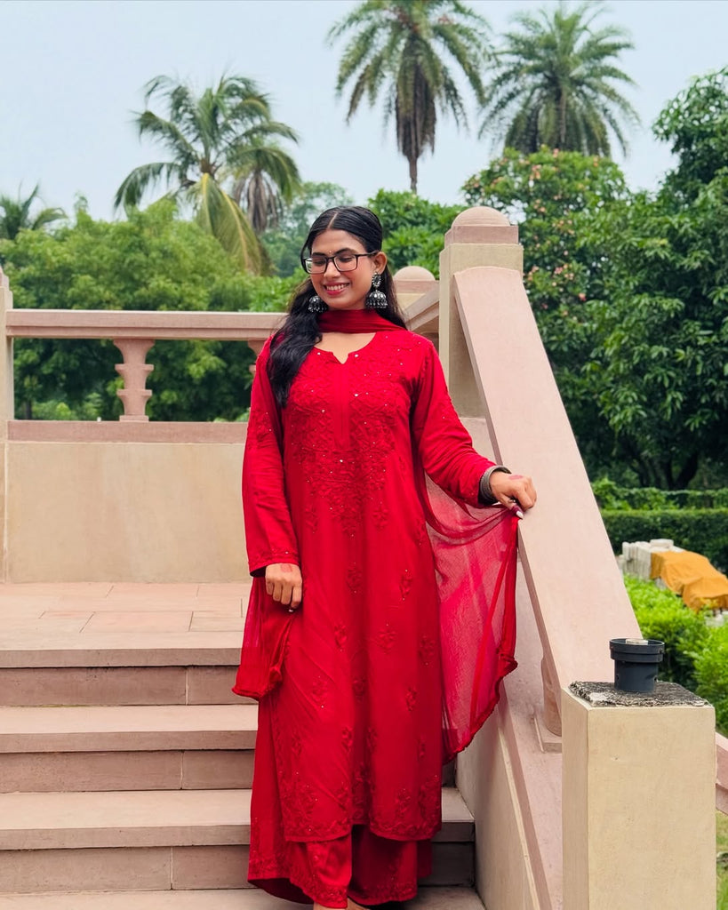 Rayon Cotton Chikankari Kurta with Palazzo & Chiffon Dupatta