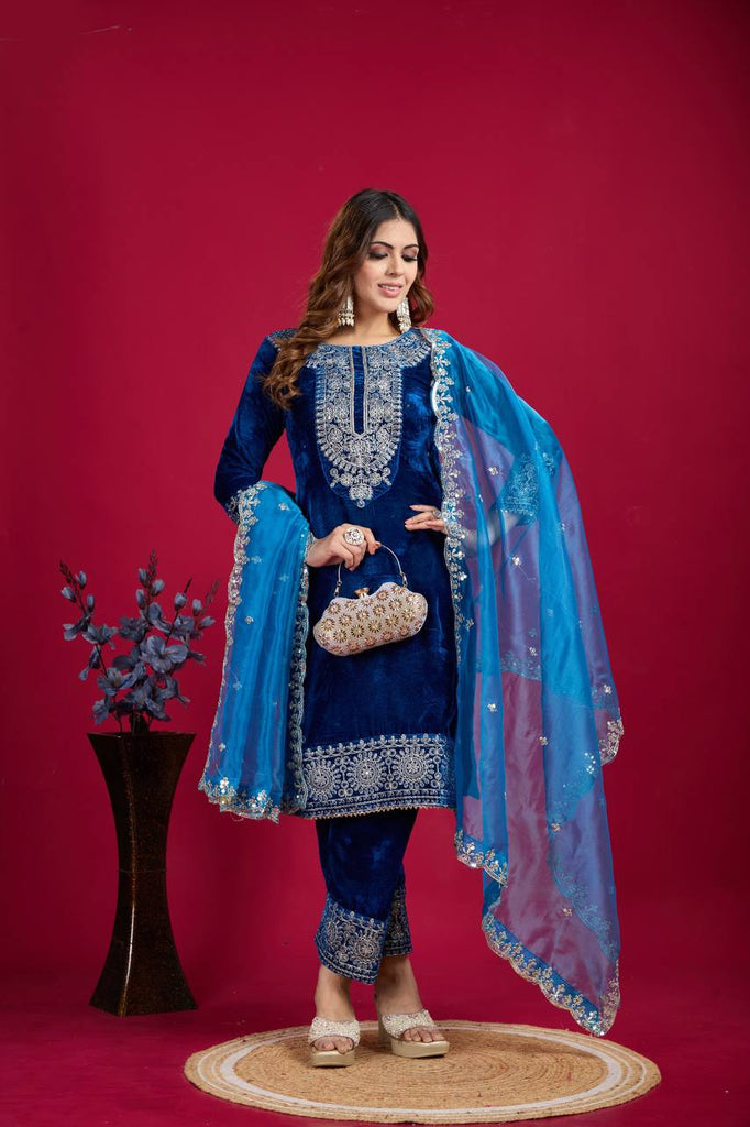 Royal Blue Viscose Velvet Sequence Embroidery Work Salwar Suit