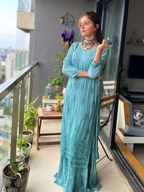 Sea Green Rayon Cotton Chikankari Kurta With Palazzo