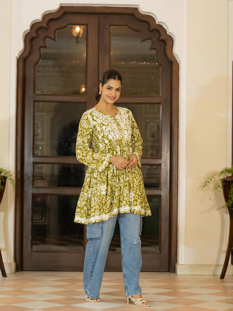 Women’s Rayon Cotton Printed Chikankari Short Kurti