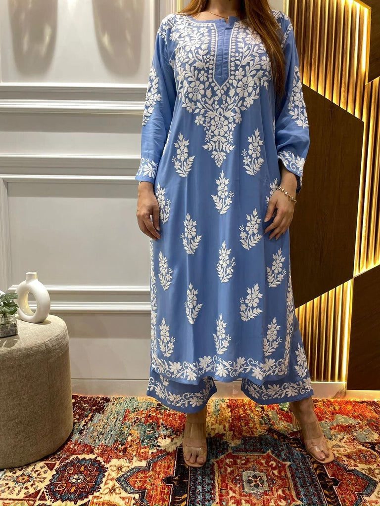 Powder Blue Rayon Cotton Chikankari Kurta With Palazzo Set