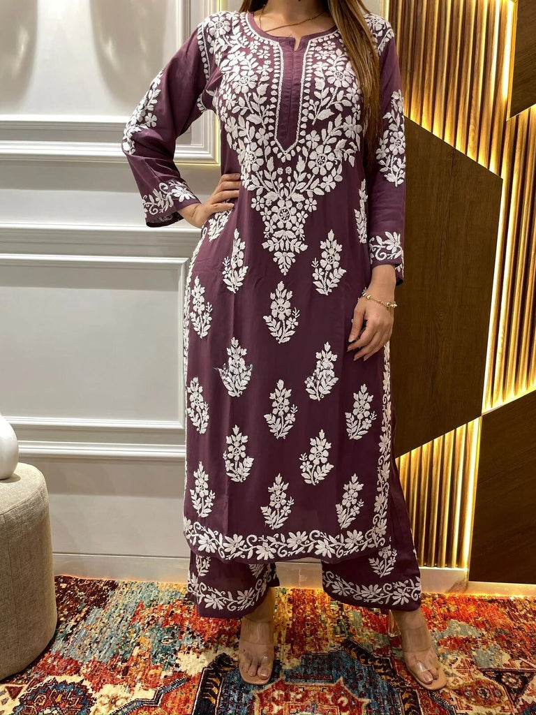 Dark Mauve Rayon Cotton Chikankari Kurta With Palazzo Set