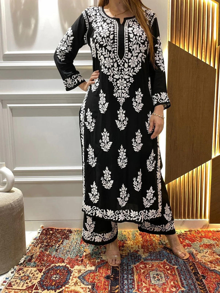 Black Rayon Cotton Chikankari Kurta With Palazzo Set