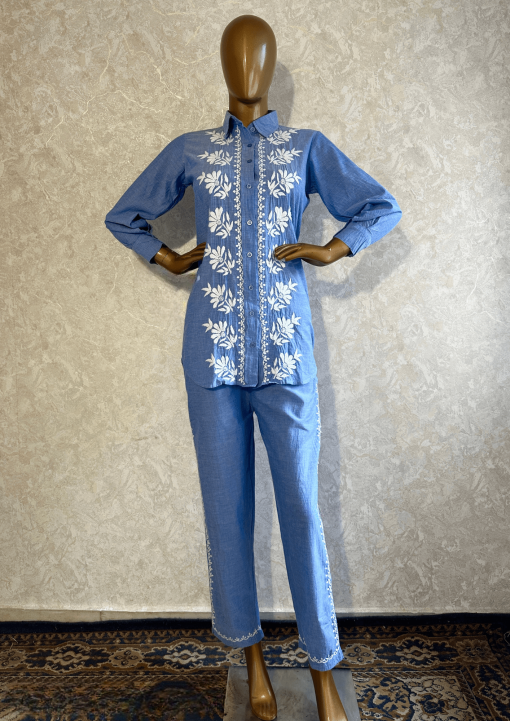 Denim Blue Cambric Cotton Chikankari Co-Ord Set