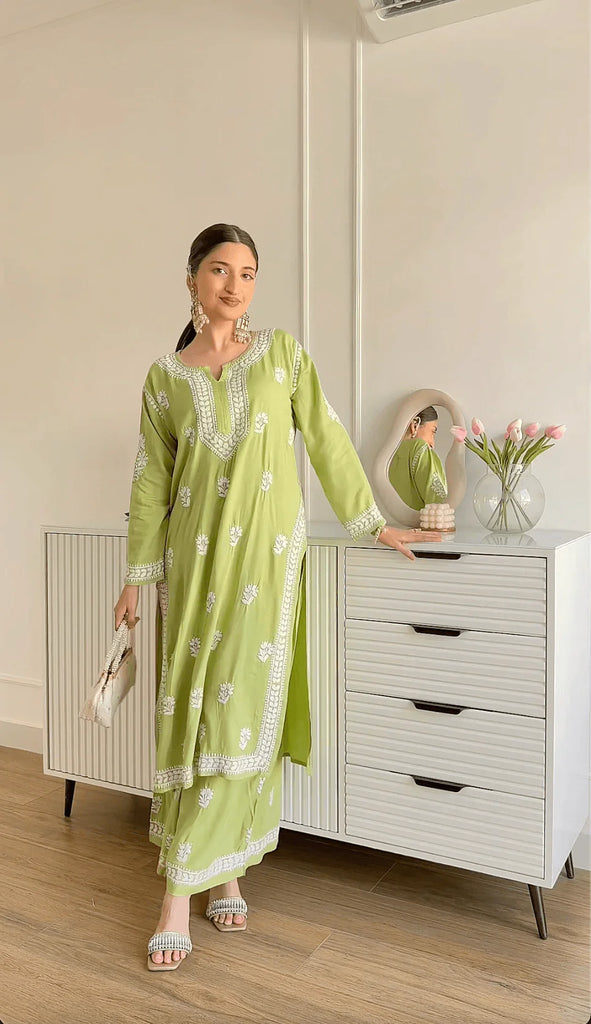 Pista Green Rayon Cotton Chikankari Kurta Palazzo Set