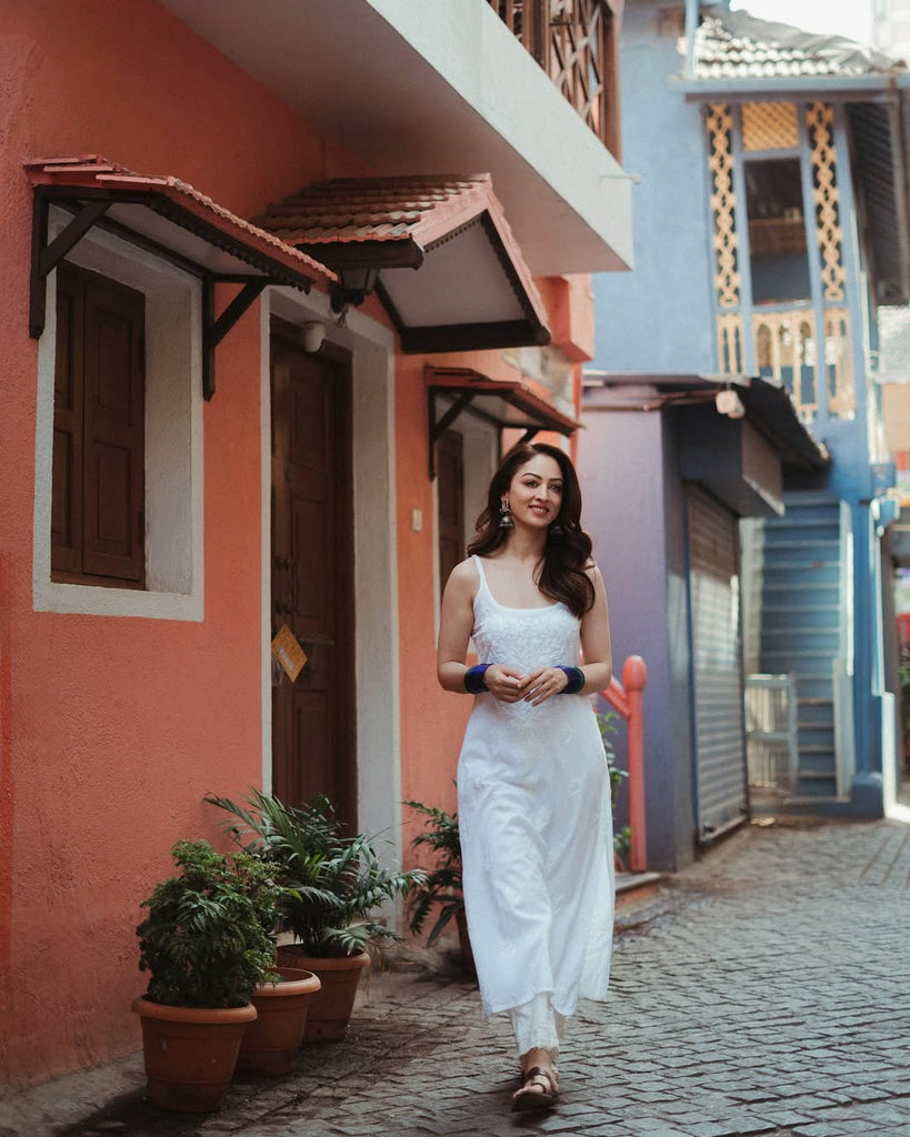 White Rayon Cotton Strappy Chikankari Kurta Pant with Dupatta Set
