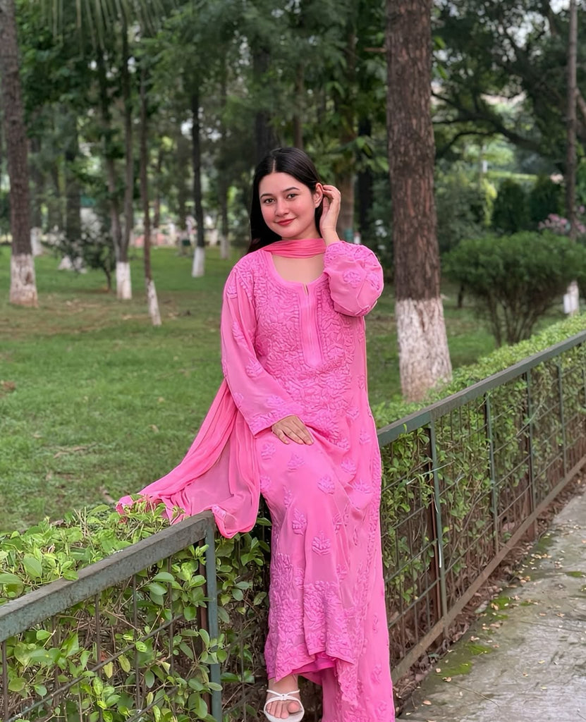 Bright Pink Viscose Georgette Chikankari Embroidered Kurta Palazzo Dupatta Set for Women – Festive, Wedding &amp; Party Wear