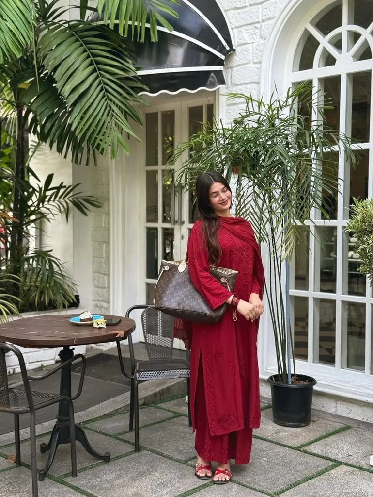 Rayon Cotton Chikankari Kurta with Palazzo & Chiffon Dupatta