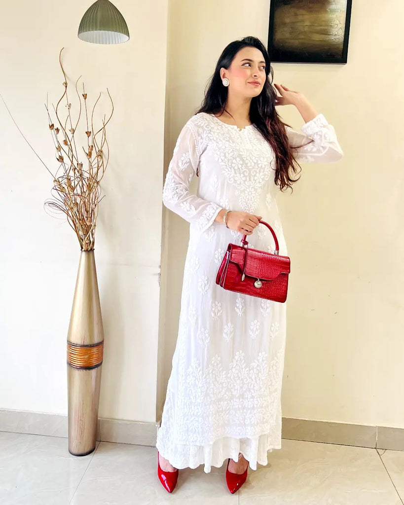 White Rayon Cotton Chikankari Kurta With Palazzo