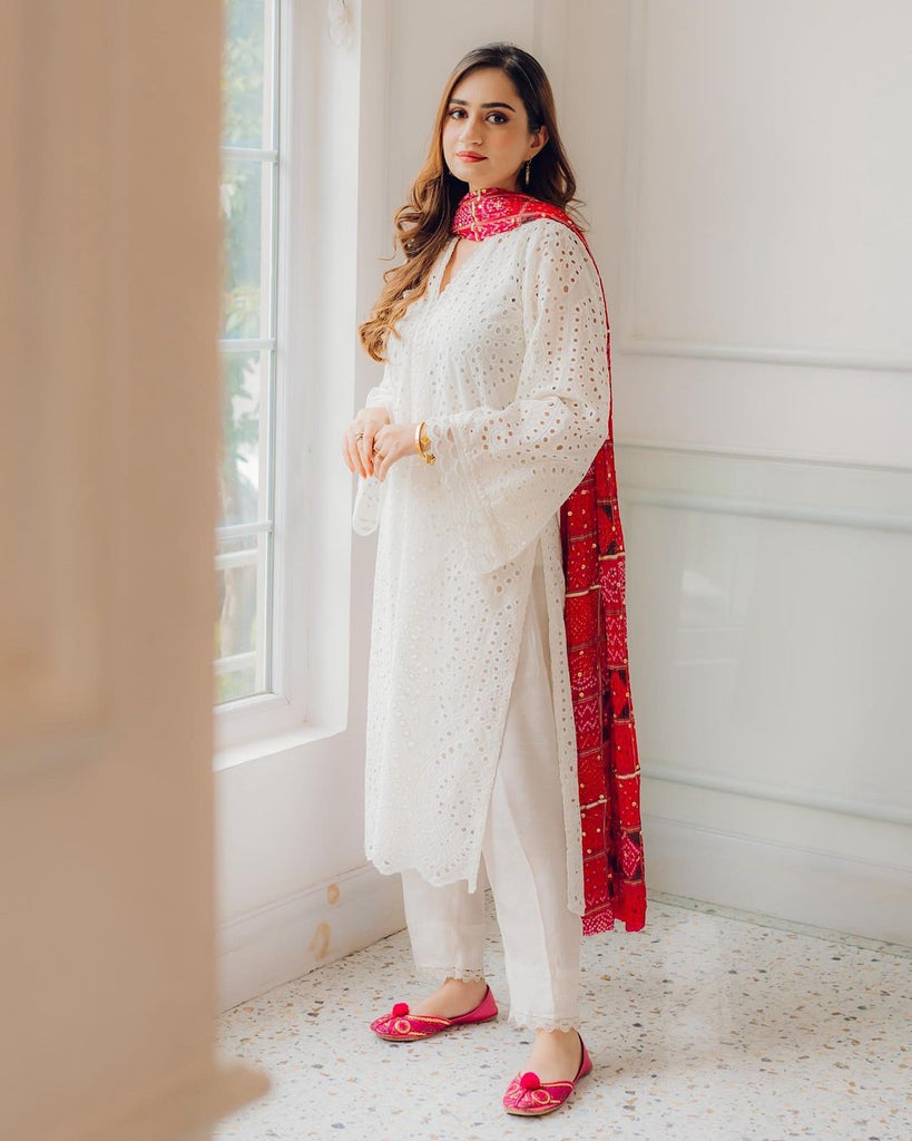 Ice White Schiffli Embroidred Comfy Cotton Kurta Pant And Bandhani Print Dupatta Set