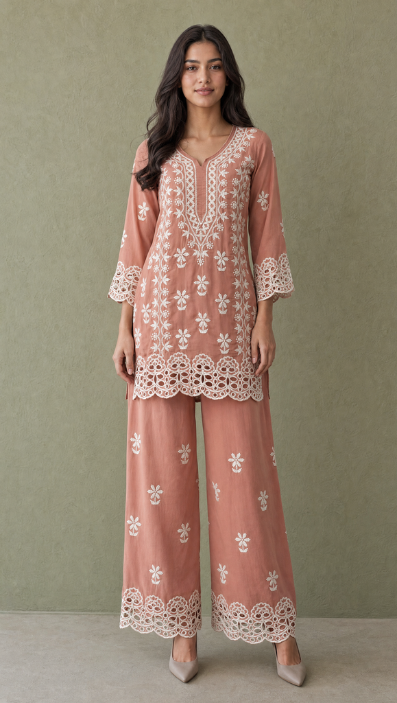 Peach georgette chikankari cutwork kurta palazzo set for women