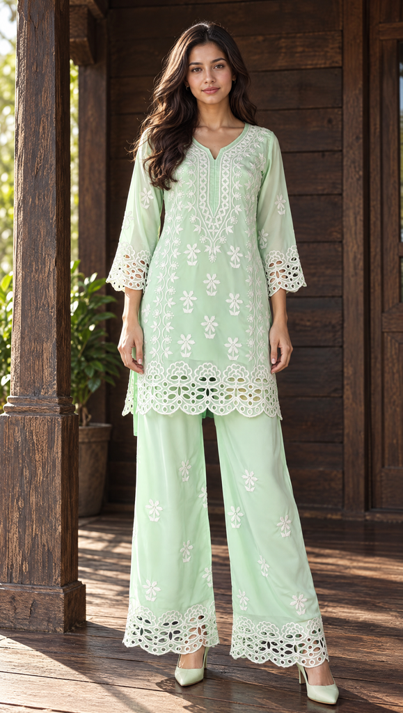 A woman models a mint green three-piece kurta set with white floral embroidery and lace trim, standing on a wooden porch.
