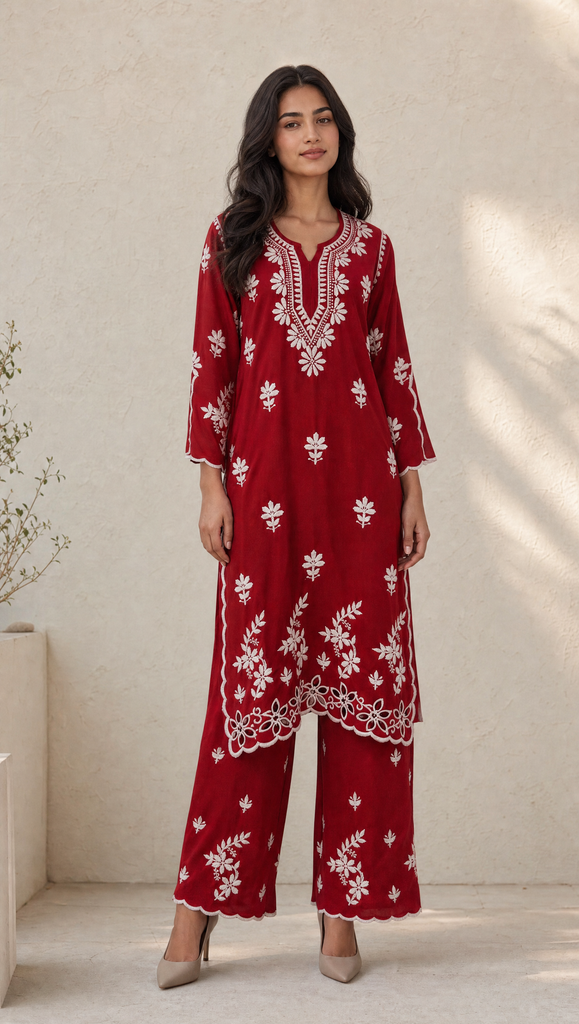 Maroon rayon cotton chikankari cutwork kurta palazzo set for women