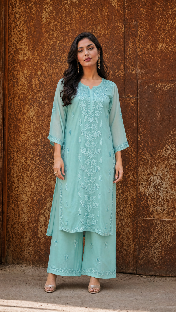 Women's Embroidered Chikankari Georgette Kurta Palazzo Set
