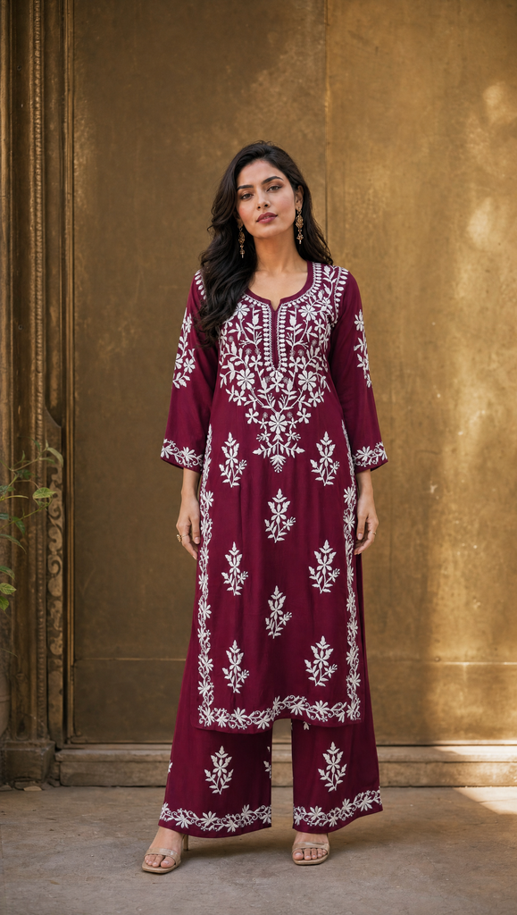 Women's Wine Embroidered Chikankari Rayon Cotton Kurta Palazzo Set
