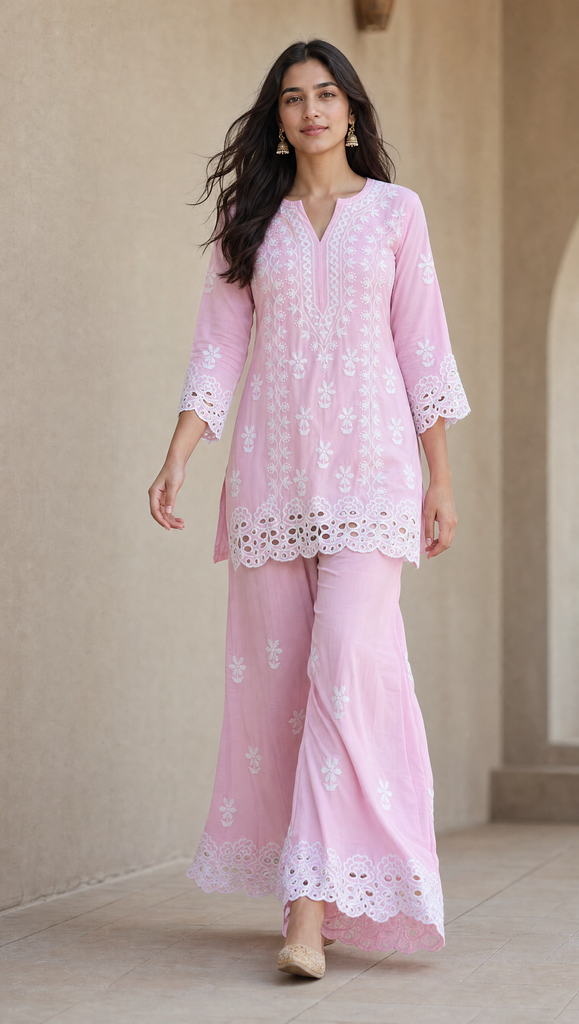 Baby Pink rayon cotton chikankari cutwork kurta palazzo set for women