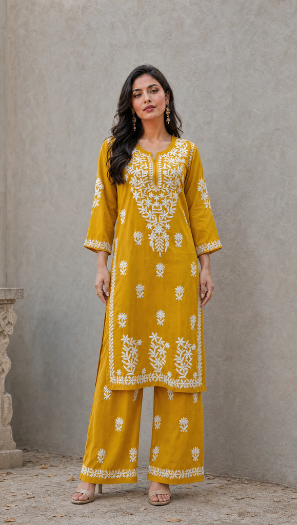 Women's Embroidered Chikankari Rayon Cotton Kurta Palazzo Set