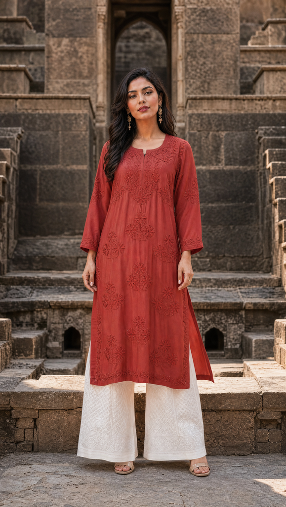 Women's Embroidered Chikankari Rayon Cotton Kurta Palazzo Set