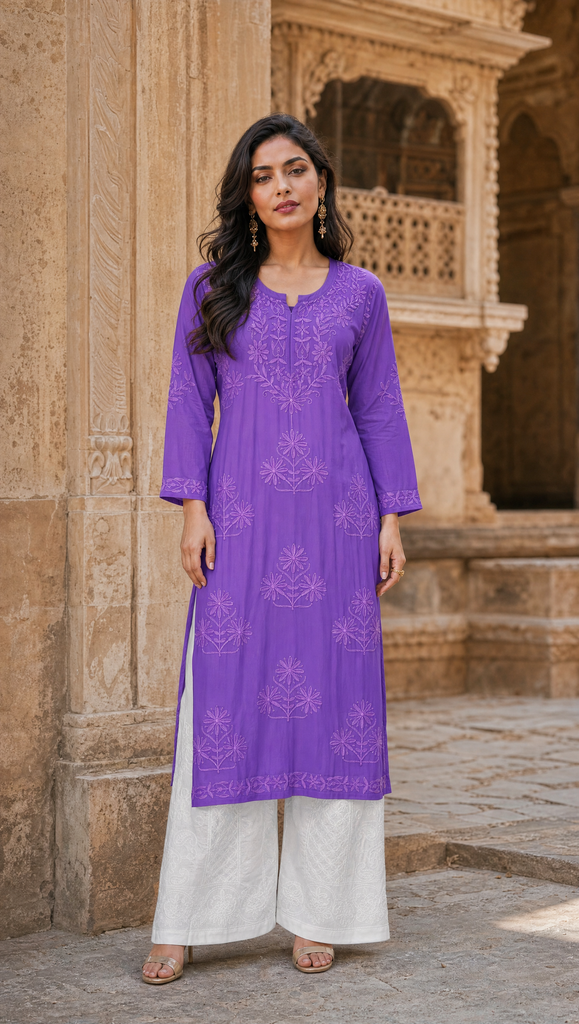 Women's Embroidered Chikankari Rayon Cotton Kurta Palazzo Set