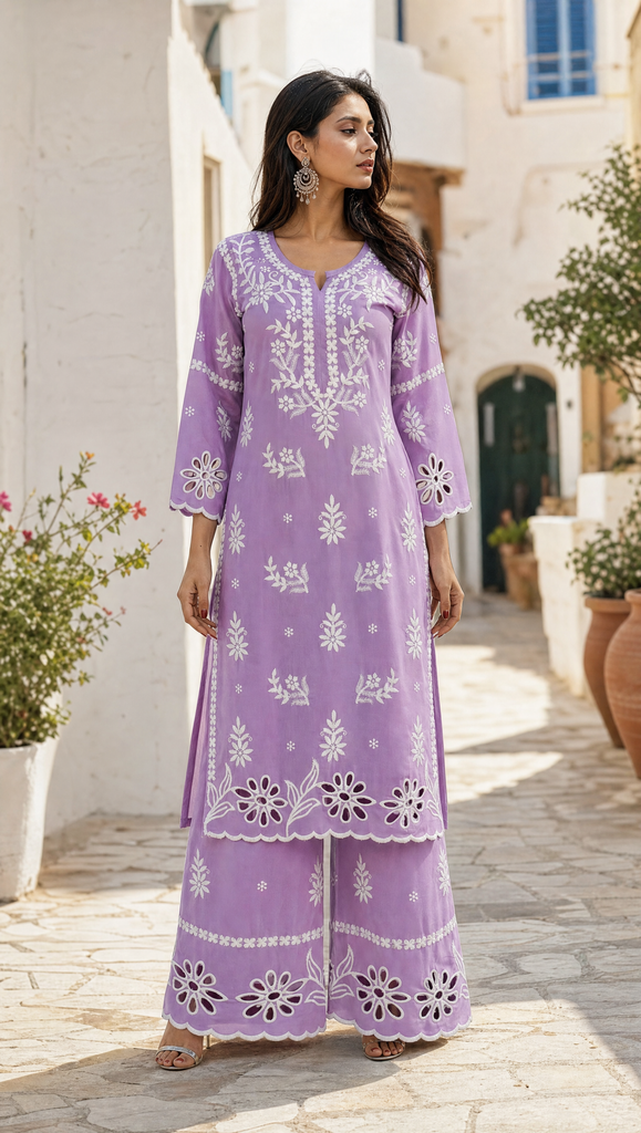 Purple Rayon Cotton Cutwork Chikankari Kurta Palazzo Set for Women