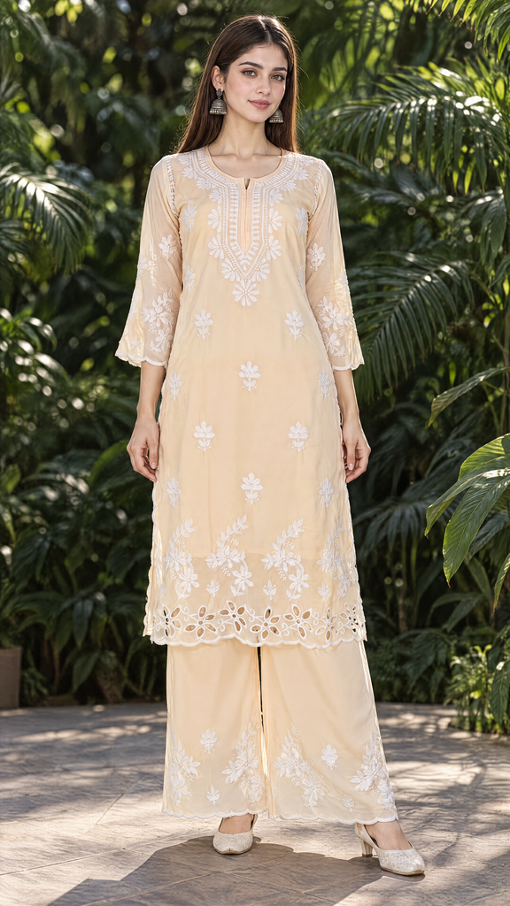 Peach georgette chikankari kurta palazzo set with white floral embroidery and cutwork, front view