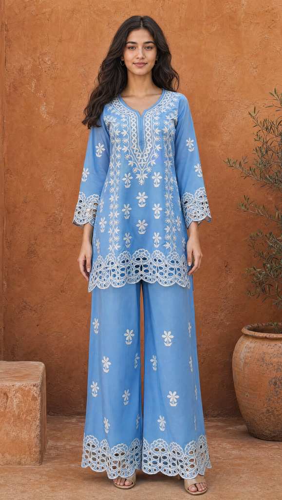 Sky blue rayon cotton chikankari cutwork kurta palazzo set for women