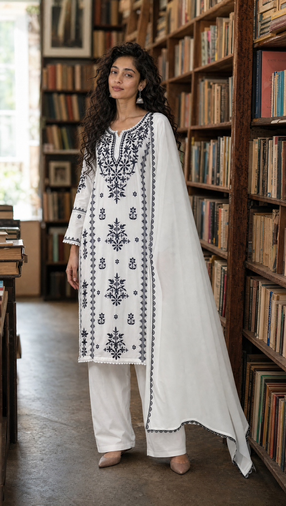 White Rayon Cotton Chikankari Kurta Pant Dupatta Set for Women