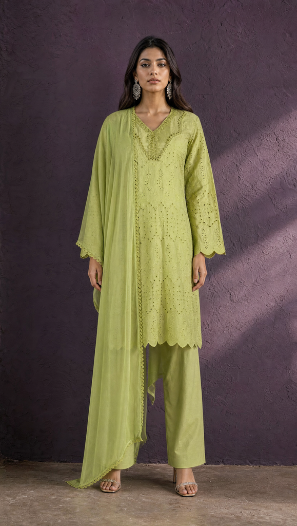 Pista green cotton Schiffli chikankari three-piece set with knee-length top, matching pants and chiffon dupatta with lace border, front view