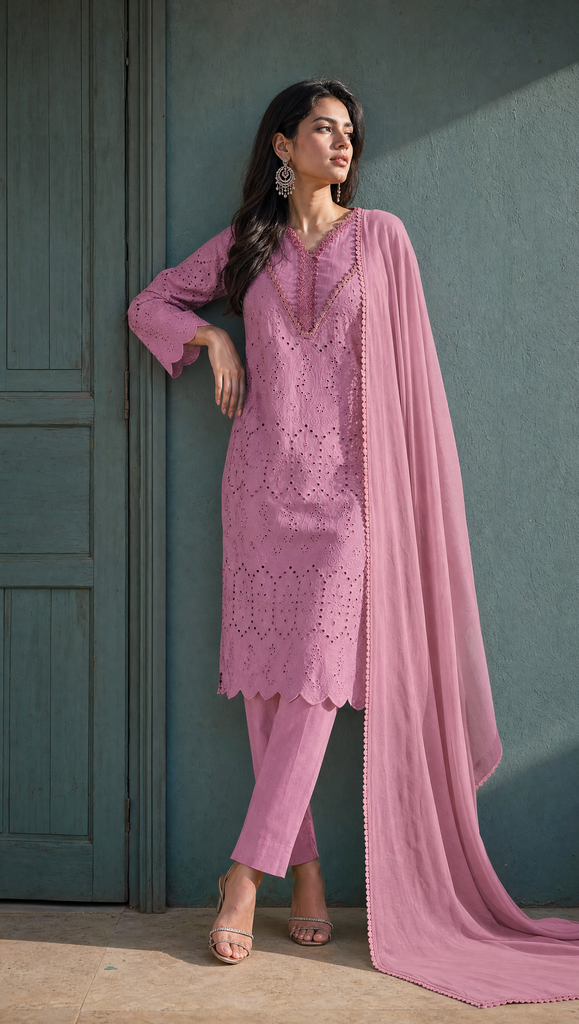 A woman models a three-piece pink ethnic suit consisting of a long-sleeve kurta with laser-cut embroidery, matching trousers, and a flowing dupatta, posed against a textured teal wall.