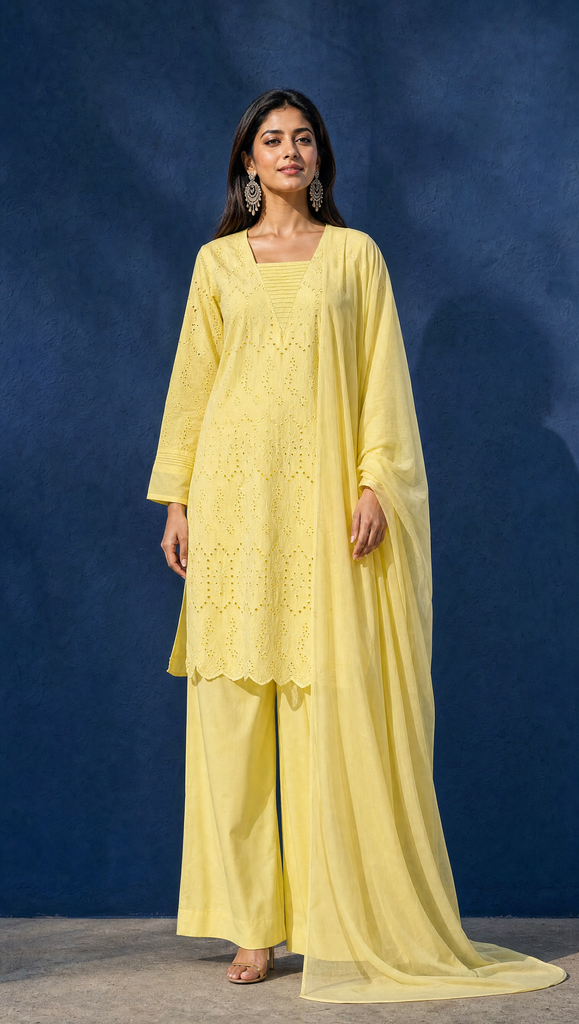 A woman modeling a light yellow traditional outfit with a matching long sheer drape, standing against a dark blue textured backdrop.