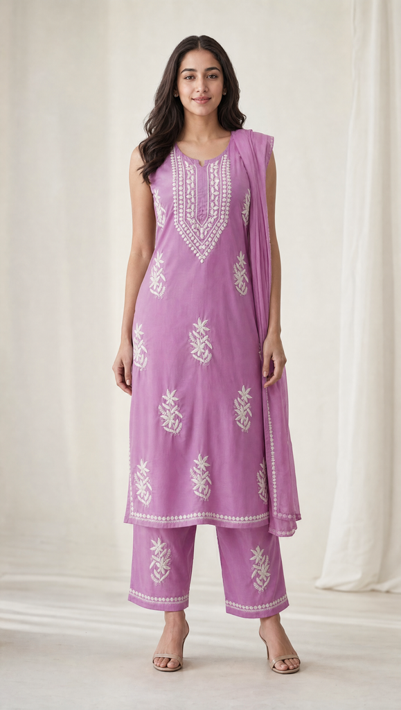 Purple Rayon Cotton Chikankari Sleeveless Kurta Pant Dupatta for Women