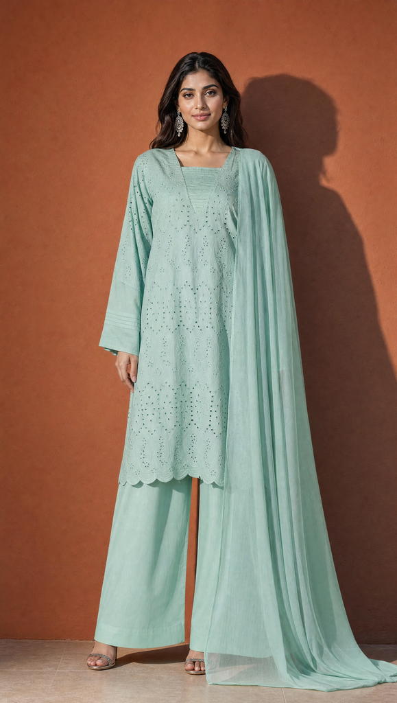 Aqua cotton Schiffli chikankari co-ord set with knee-length straight-fit top, palazzo pants and chiffon dupatta, front view