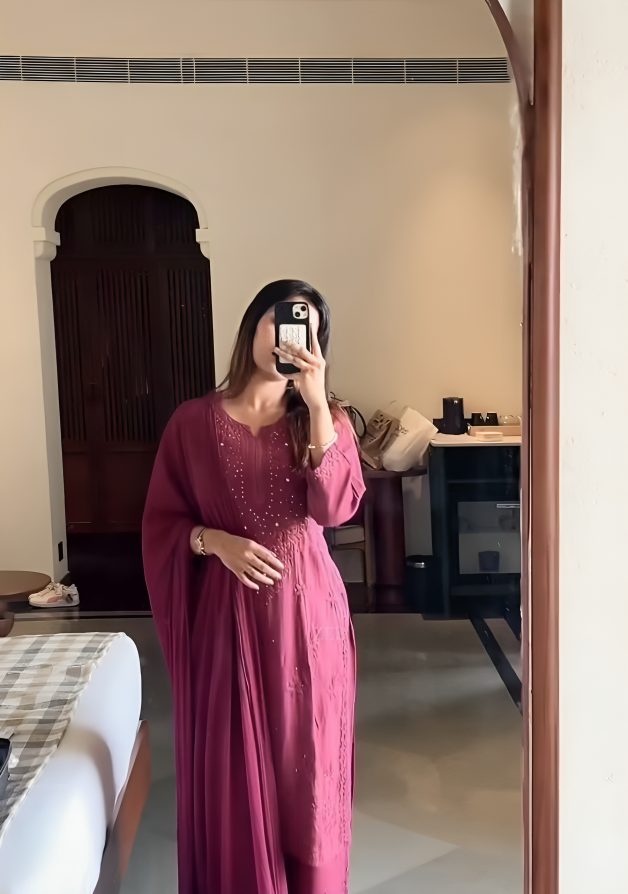 Rayon Cotton Chikankari Kurta with Palazzo & Chiffon Dupatta