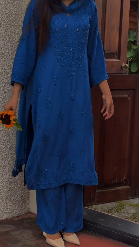 Rayon Cotton Chikankari Kurta with Palazzo & Chiffon Dupatta