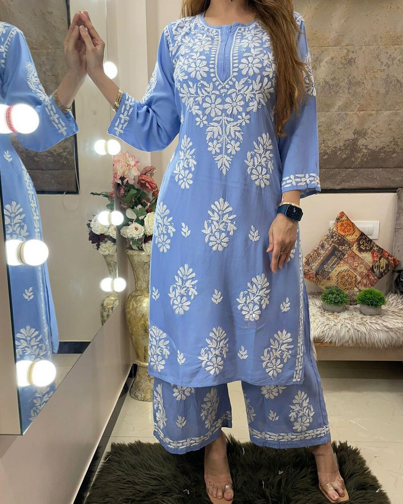 Powder Blue Rayon Cotton Chikankari Kurta With Palazzo