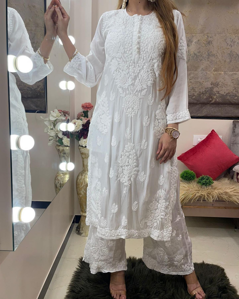 White Rayon Cotton Chikankari Kurta With Palazzo Set