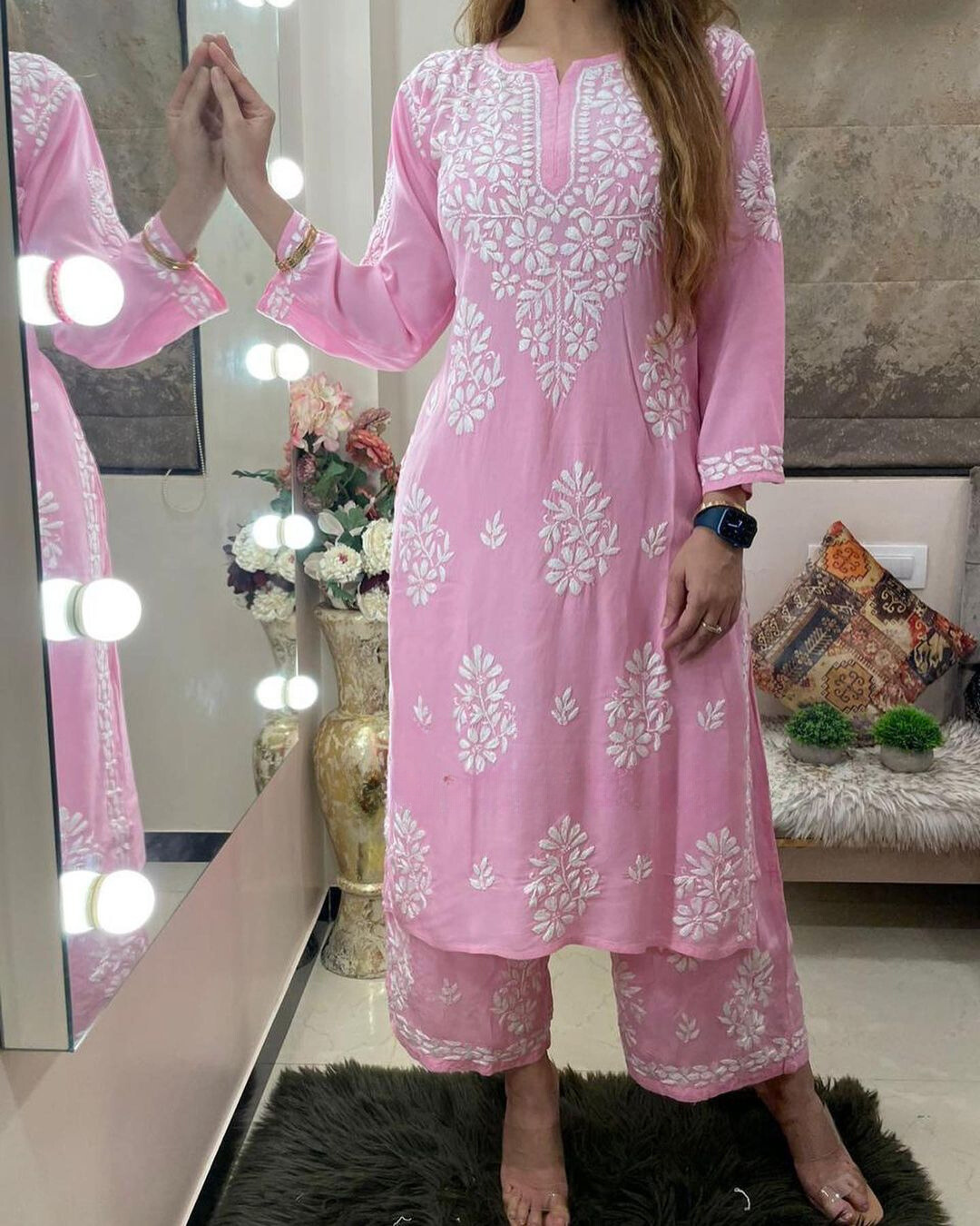 Dusty Pink Fit & Flare Kurta Set with Scalloped Floral Chikankari Embroidery main image 1