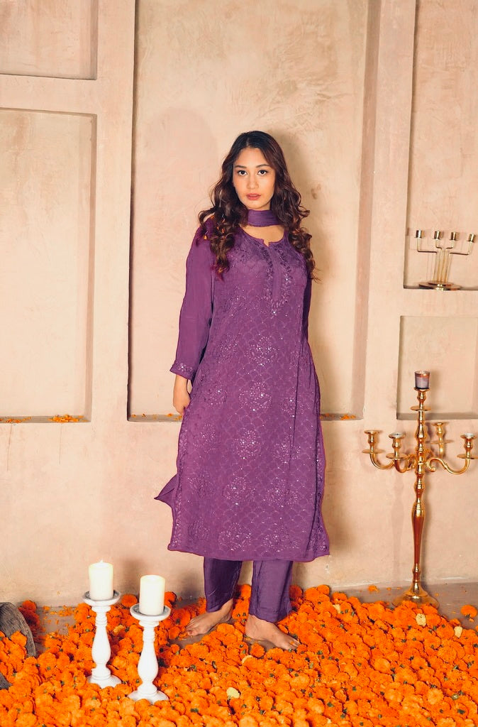 Viscose Georgette Chikankari Zari Work Kurta Pant With Dupatta