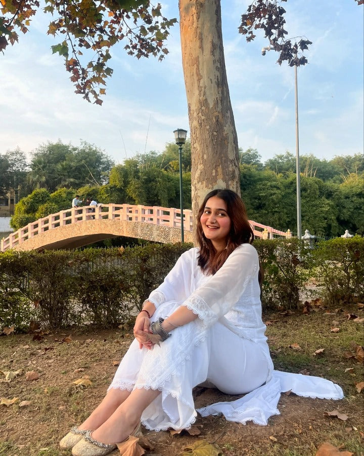Peach Viscose Georgette Chikankari Kurta With Palazzo And Dupatta