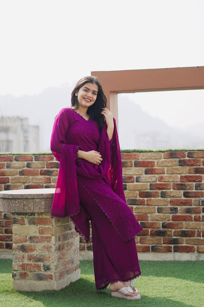 Peach Viscose Georgette Chikankari Kurta With Palazzo And Dupatta