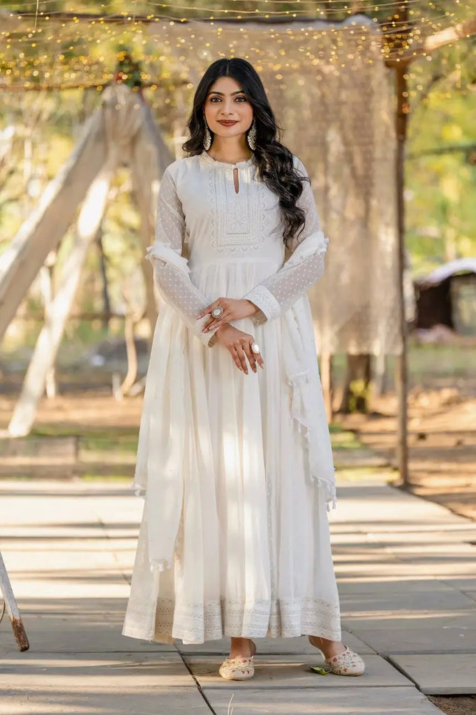 White Heavy Buti Faux Georgette Embroidery Work Gown